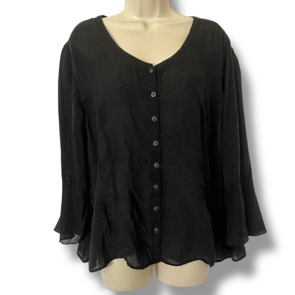 Tianello Size L Lisa Blouse Black 100% Rayon Silky Crinkle Ruffled Bell Sleeves